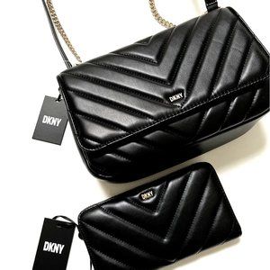 NWT DKNY Veronica Quilted Crossbody Shoulder Bag + Matching Wallet Set Black
